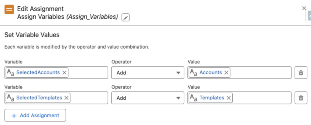 Assign Variables Configuration menu in Flow Builder